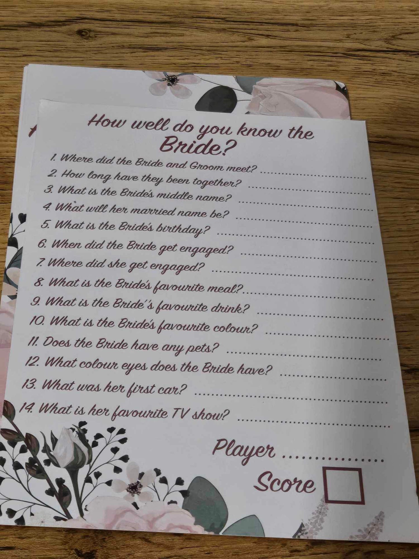 Know The Bride Hen Party Questionnaire