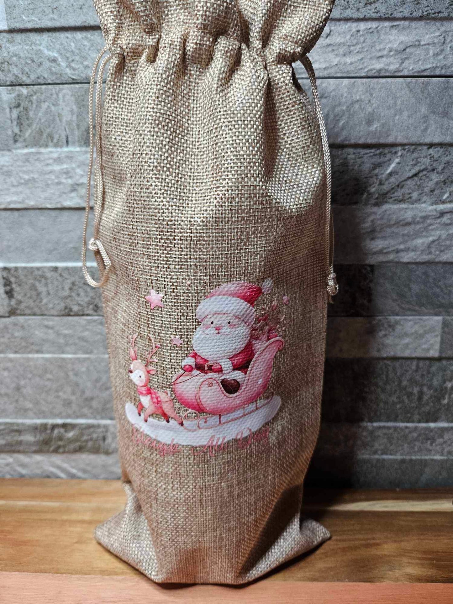 Christmas Hessian Drawstring Wine Bag