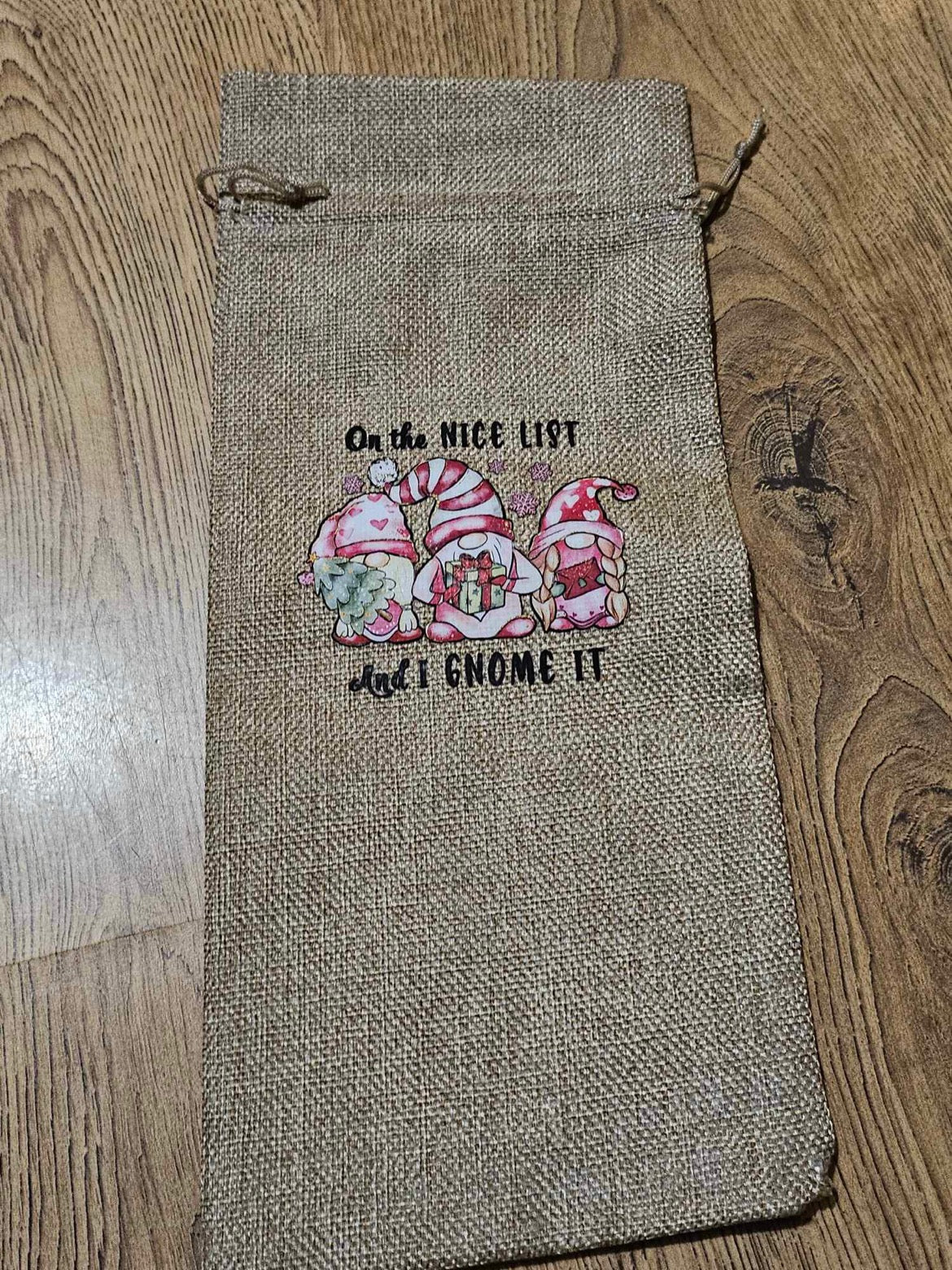 Christmas Hessian Drawstring Wine Bag