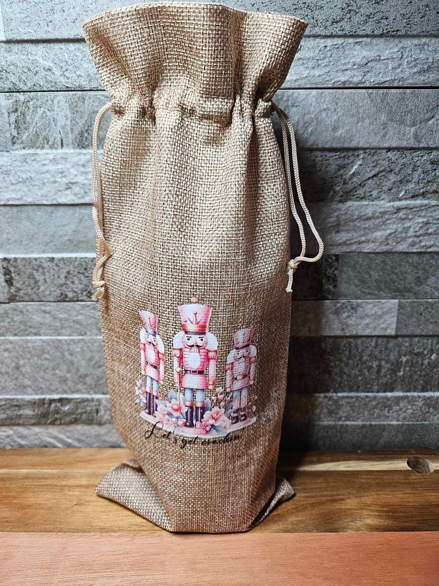 Christmas Hessian Drawstring Wine Bag