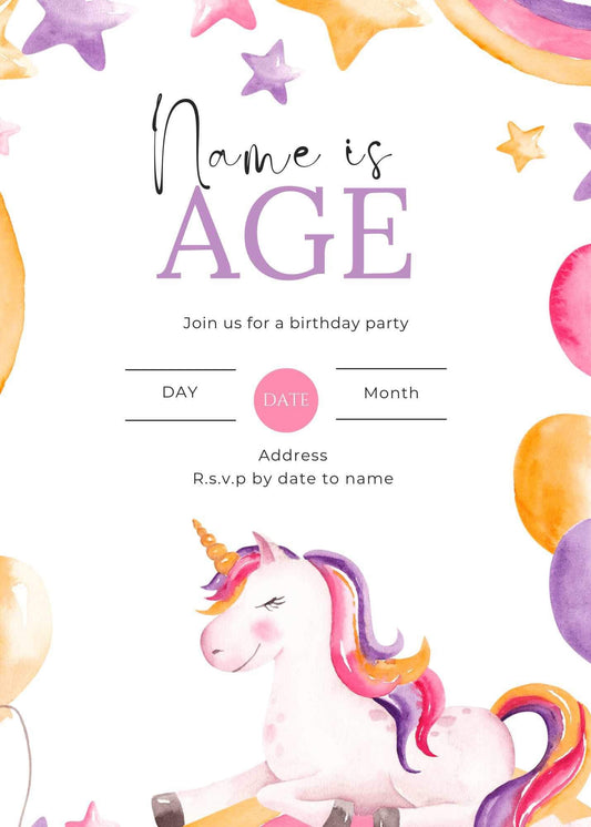 Unicorn Themed Party Invitations