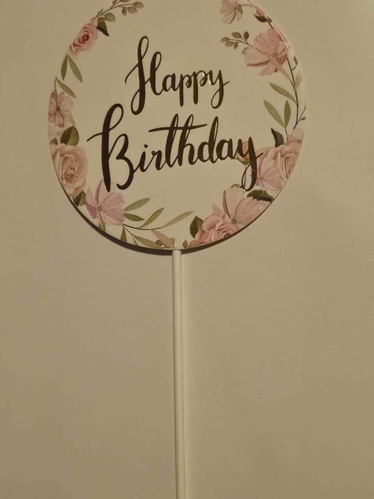 Rose Themed Happy Birthday Cake Topper