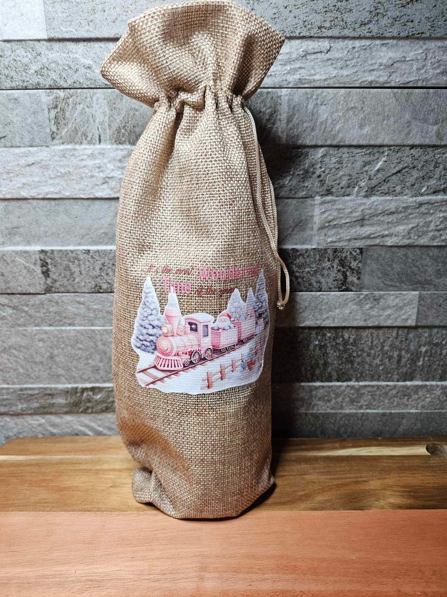 Christmas Hessian Drawstring Wine Bag