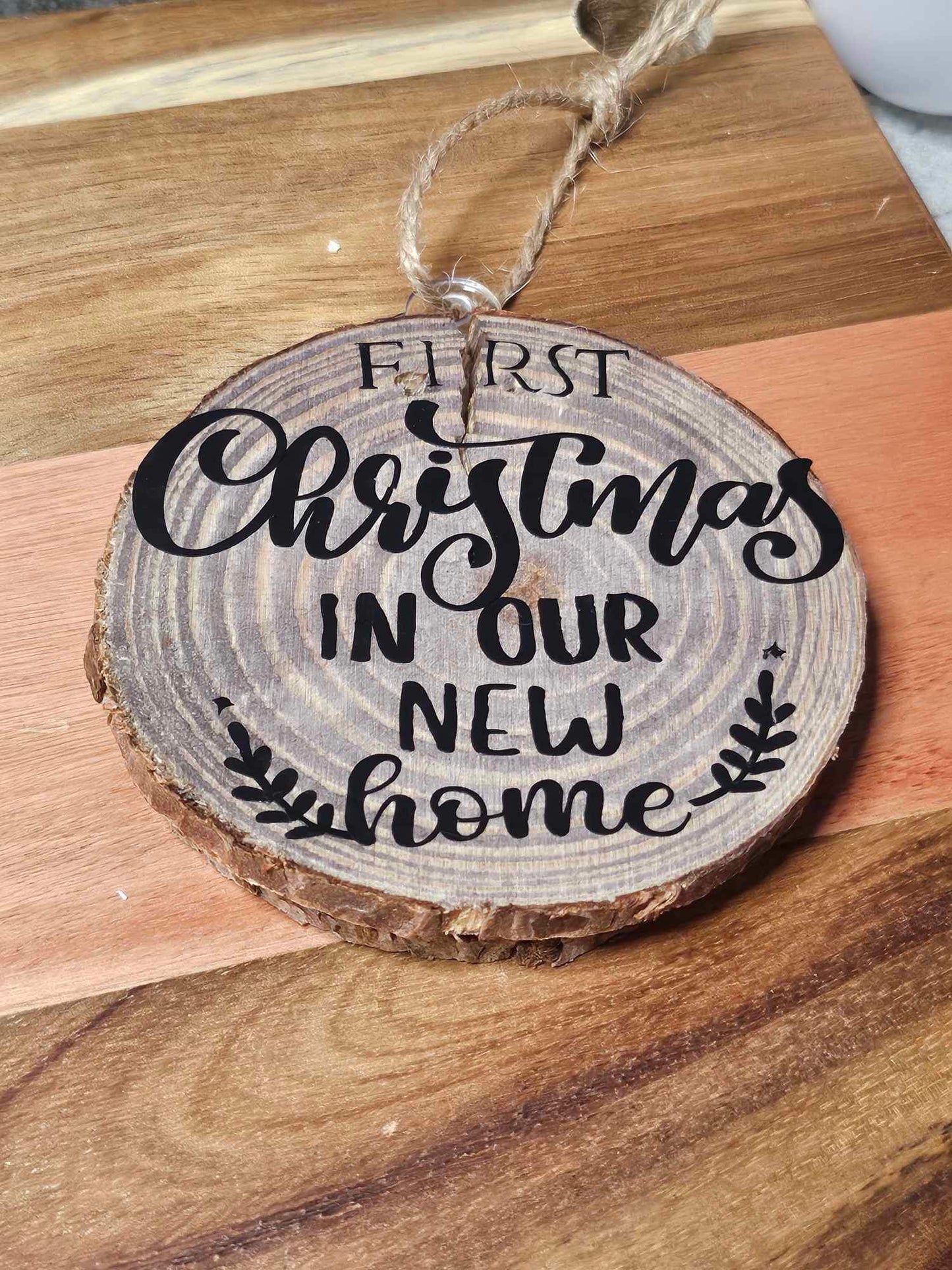 First Christmas In Our New Home Log Slice Hanger