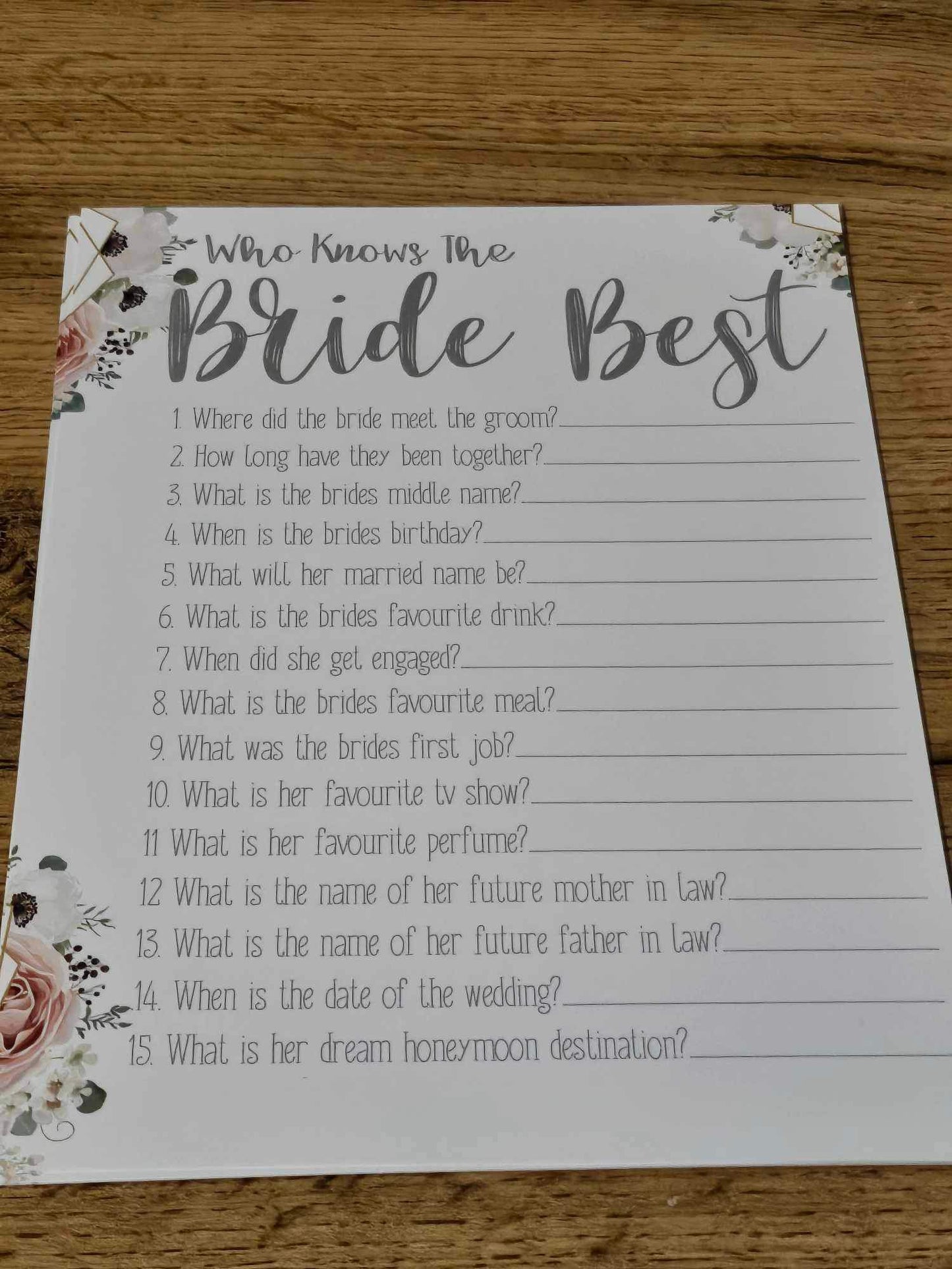 Know The Bride Hen Party Questionnaire