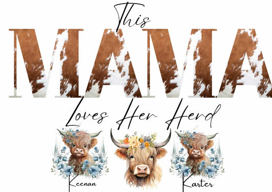 Personalised Mama And Her Herd Highland Cow Art Print