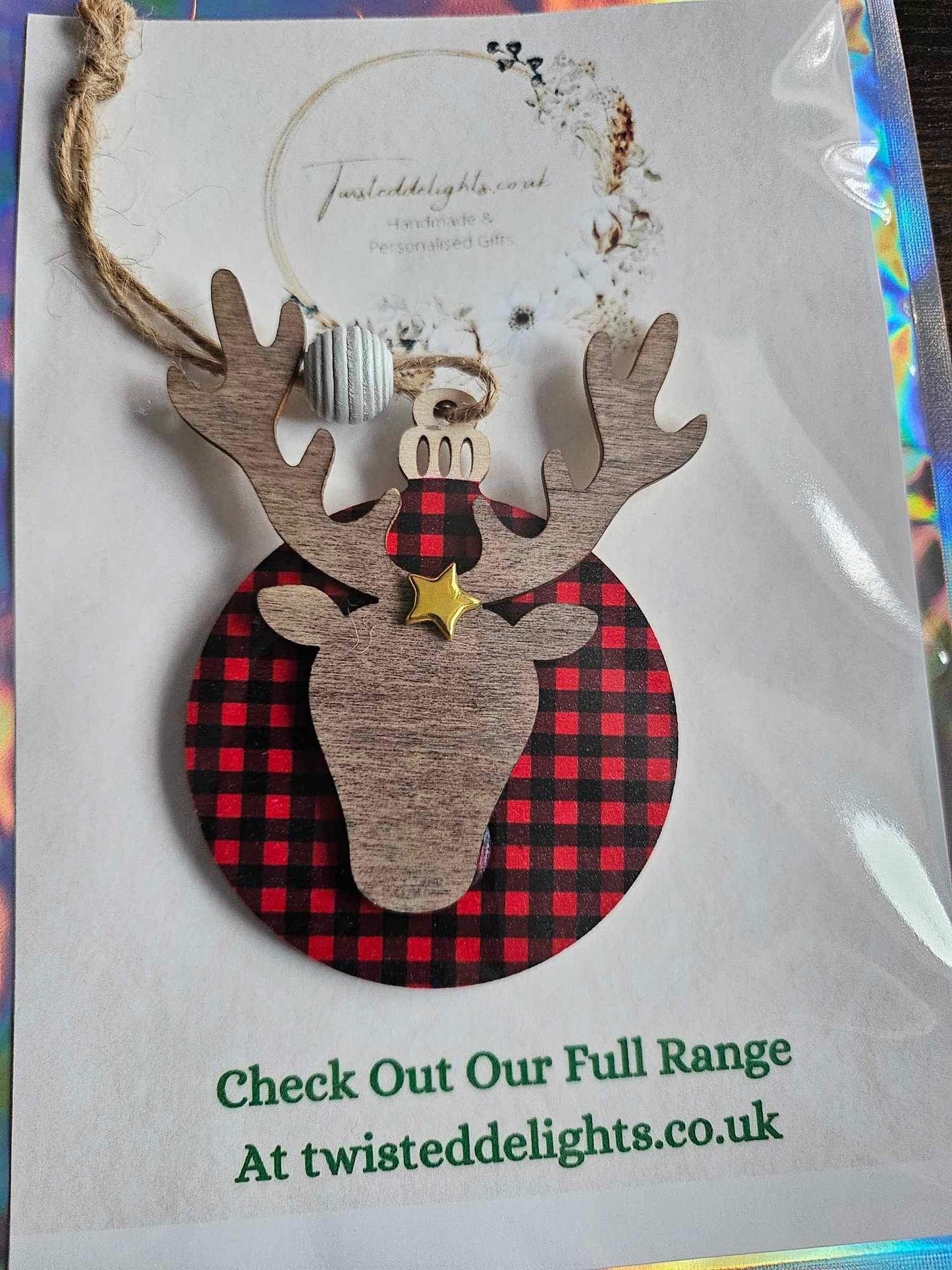 Wooden Hanging Tartan Reindeer Bauble