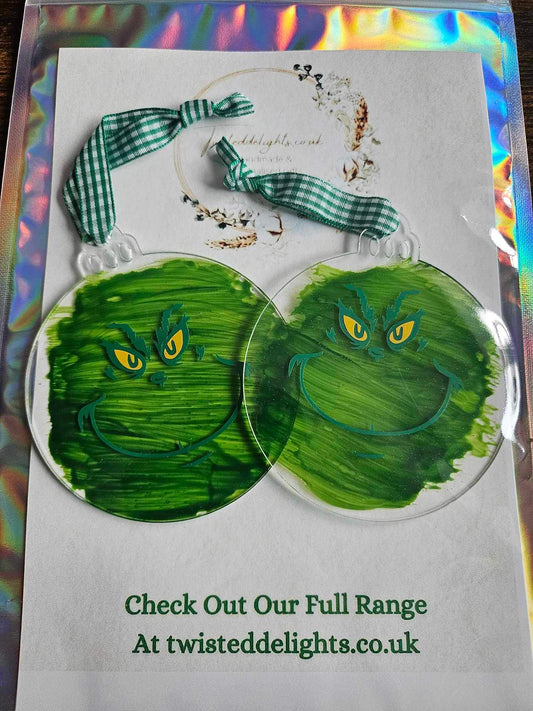 Set of 2 Grinch Inspired Hanging Acrylic Decorations